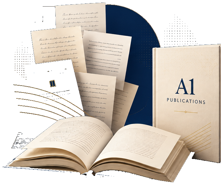 Livro aberto, páginas e materiais editoriais da A1 Publications